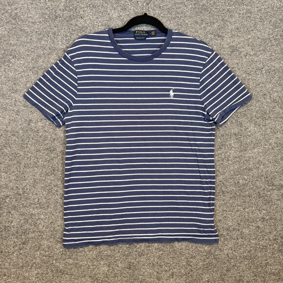 Polo Ralph Lauren Shirt Mens Medium Blue Striped Custom Slim Fit White Pony - Picture 1 of 9